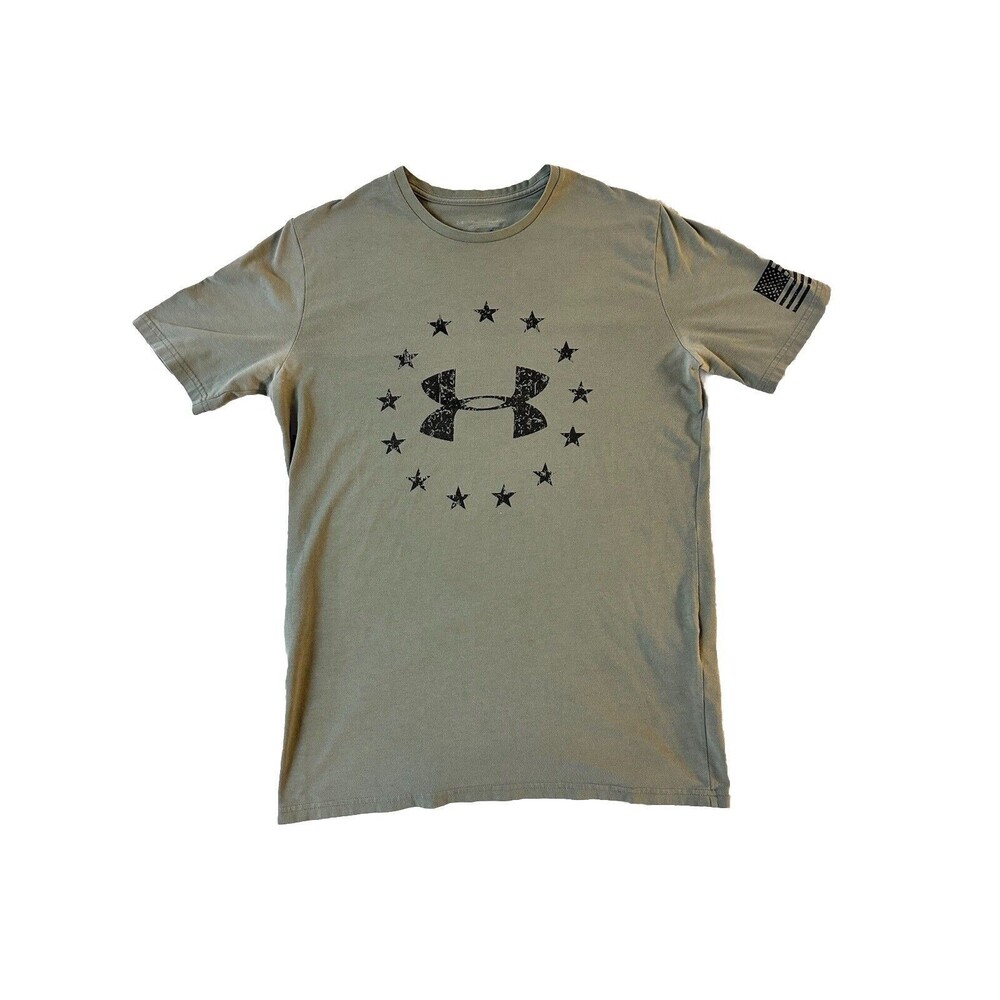 Men's UNDER‎ ARMOUR loose Khaki Tan With Black FREEDOM flag T-Shirt Small
